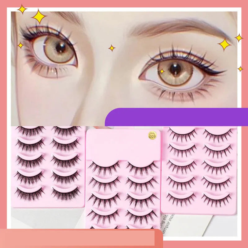5 pairs of natural wispy manga false eyelashes on a black background, showing styles 007, 008, and 009 with plastic black terrier.