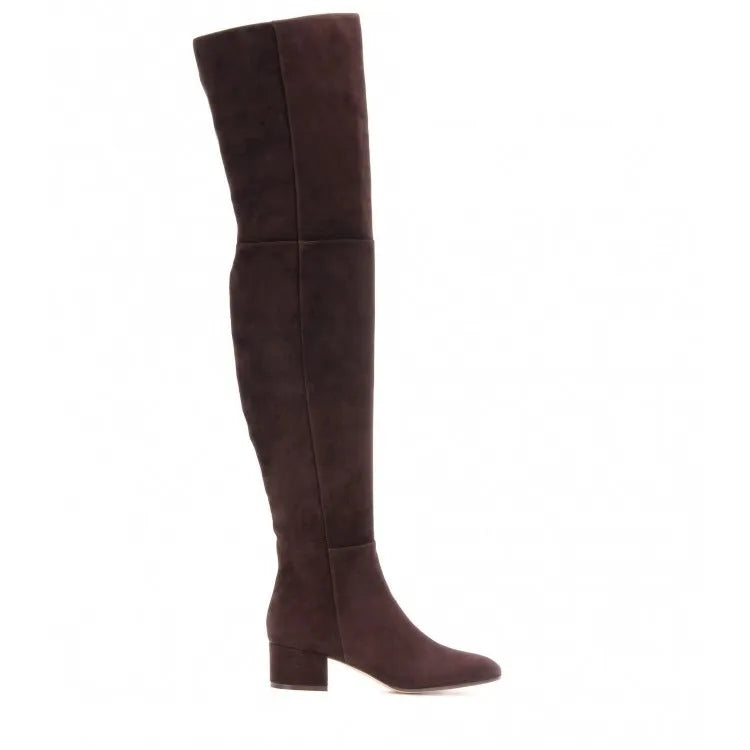 Grey suede women's over-the-knee flat boots with a pointed toe and low thick heel.