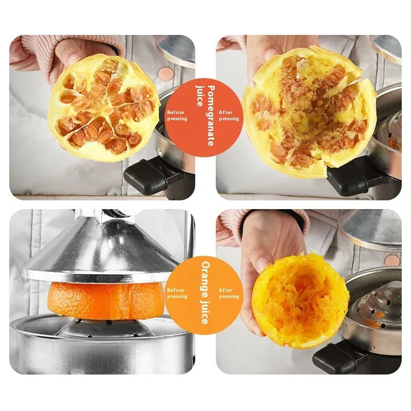 Black and white manual cast iron citrus juicer with stainless steel strainer, 40cm tall.