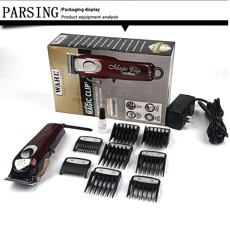 Charging hair clippers with stainless steel cutter head showing EU UK US plug options