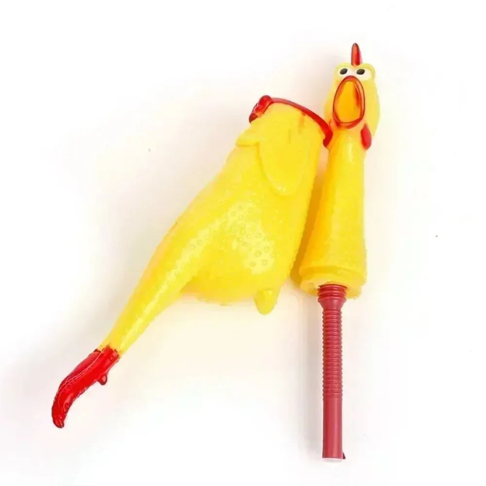 Yellow rubber screaming chicken dog squeak toy showing three size options
