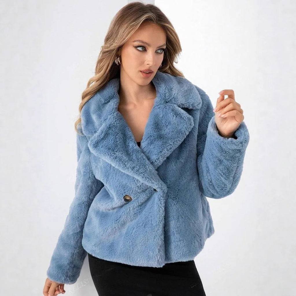 Women's loose short faux fur coat in rose red colour with regular sleeves