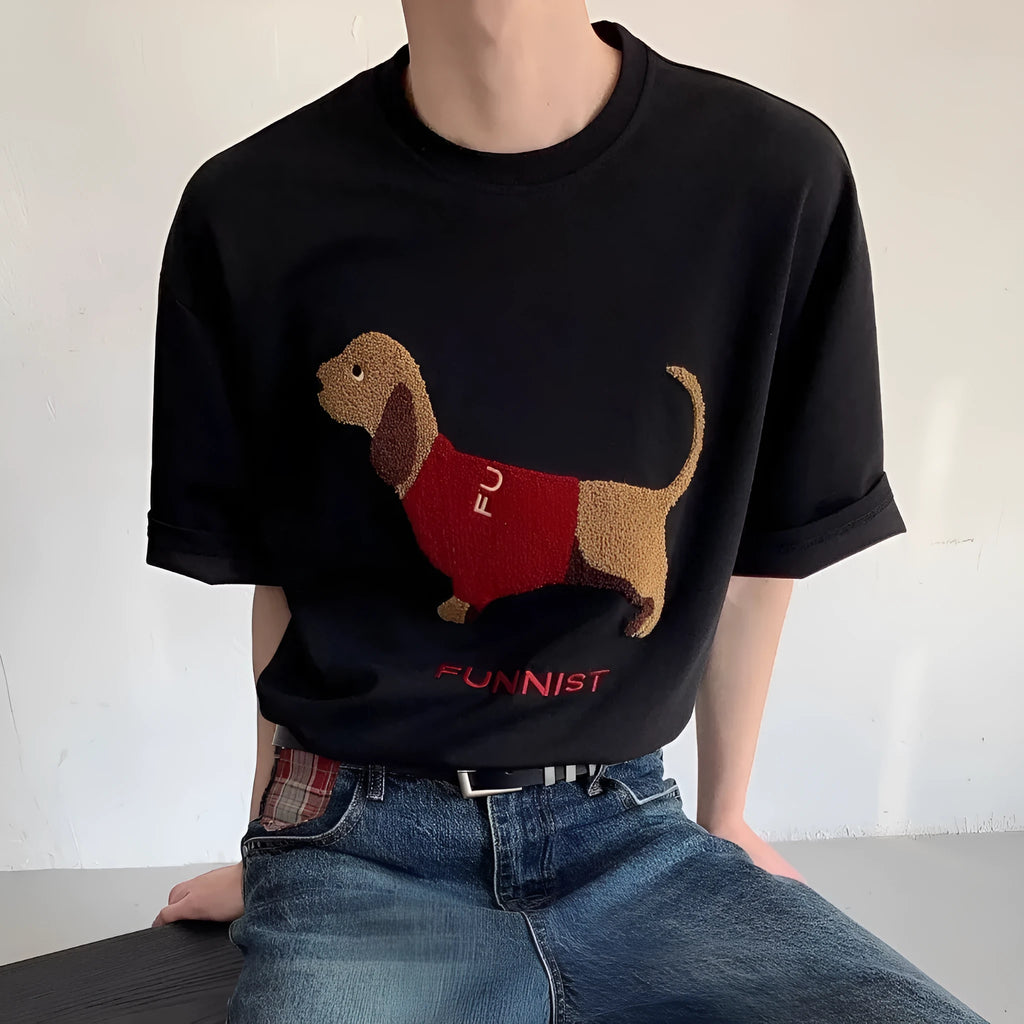 Men's grey t-shirt with embroidered sausage dog design on front