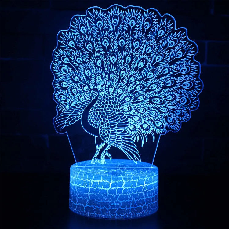 Small acrylic 3D touch-controlled USB table lamp with colourful crack-effect base on a desk.