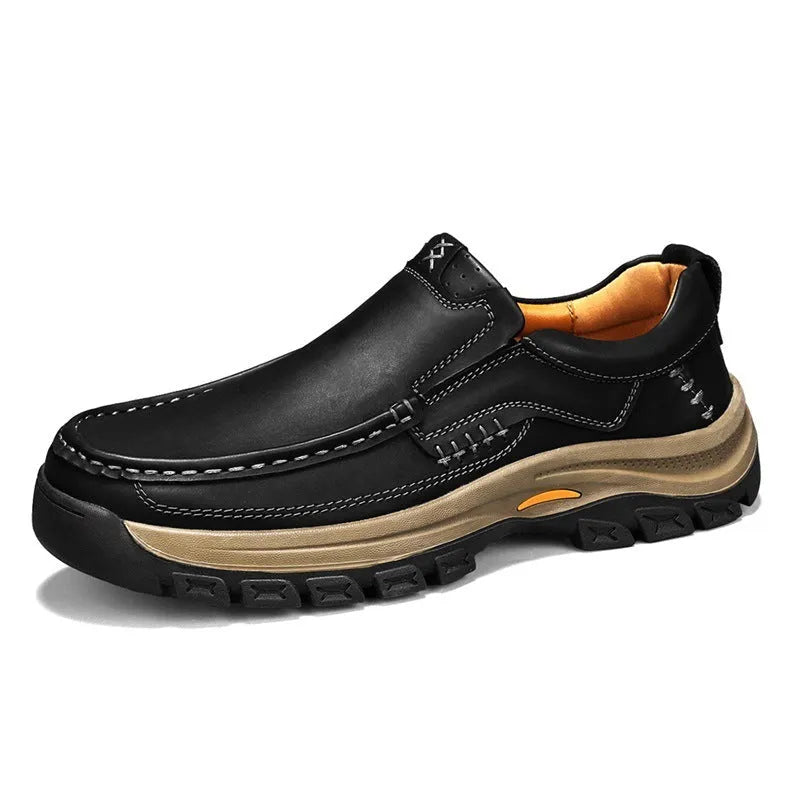 Men's black leather shoes with thick rubber soles for outdoor mountaineering