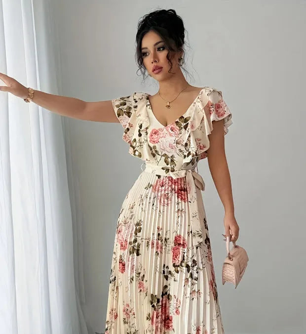 Apricot floral print dress with V-neck, ruffled short sleeves, and oversized swing skirt