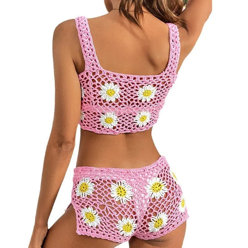 Flower patterned vest bikini swimsuit in light green with hollow yarn acrylic fabric