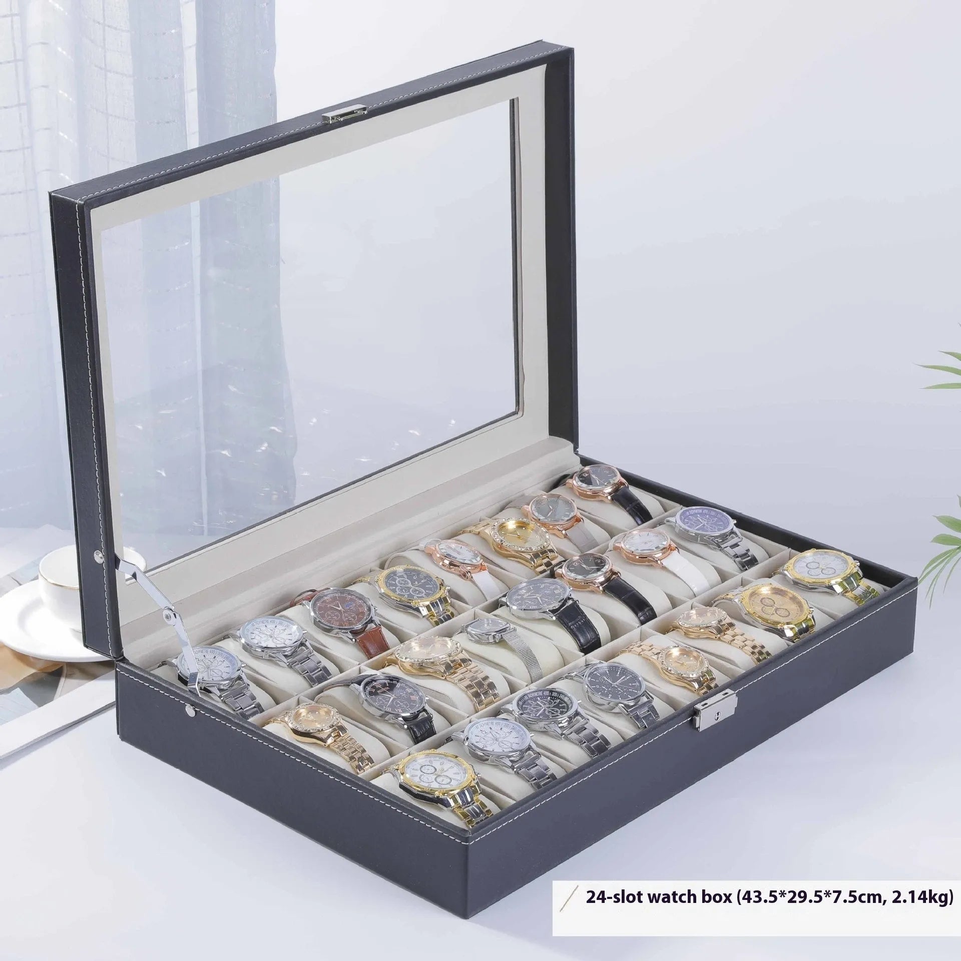 Grey high-grade leather watch storage box with transparent lid showing watch slots inside.