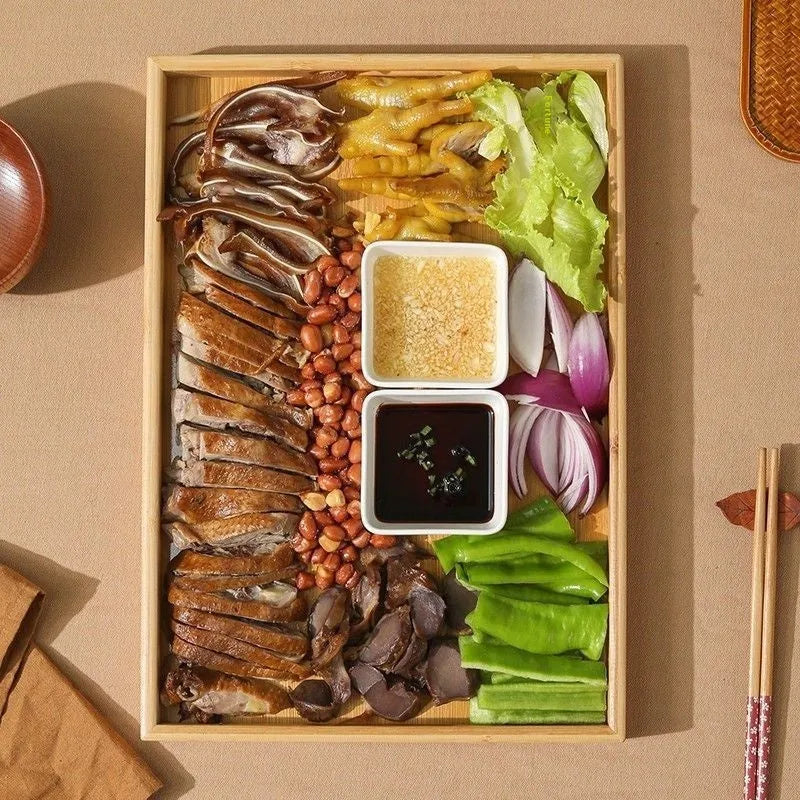 Brown handle bamboo barbecue serving tray with square shape and solid colour pattern