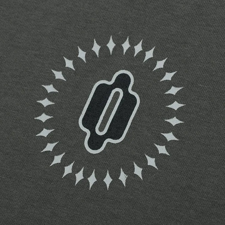 Grey khaki loose fit cotton pullover with drop shoulders, round neck, long sleeves, and a letter print.
