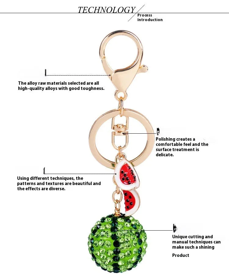 Green watermelon keychain made from zinc alloy measuring 12cm with detailed fruit design and metal clasp