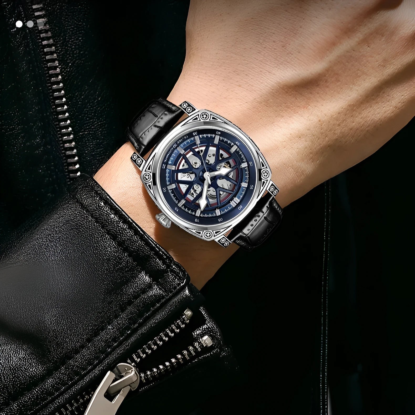 Men's automatic mechanical watch with stainless steel case and blue leather strap