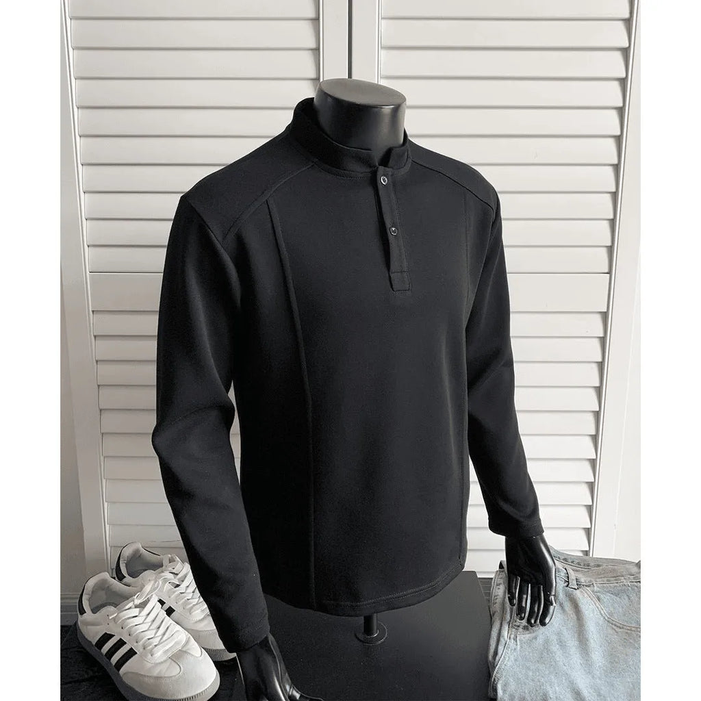 Men's cotton patchwork polo shirt with stand-up collar and asymmetric design in three colour options