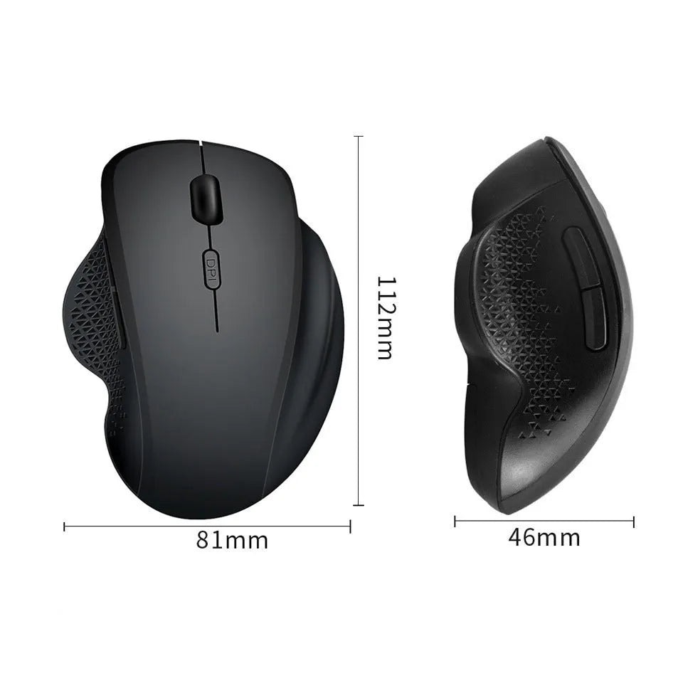 Grey and black self-charging wireless optical mouse for laptop computers with USB receiver and charging cable.