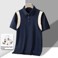 Men's grey striped cotton T-shirt with business lapel collar and short sleeves laid flat