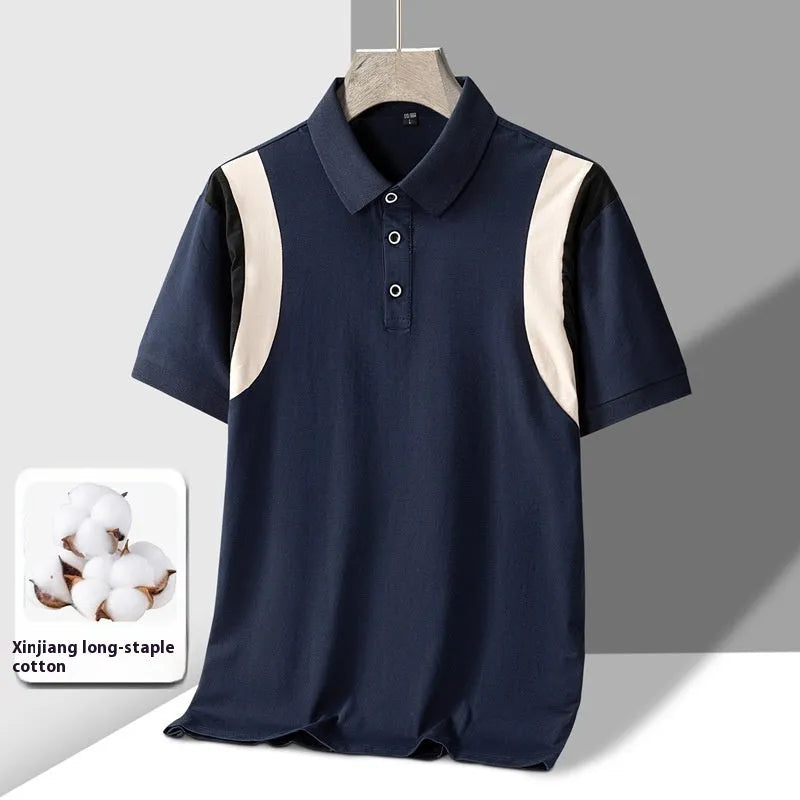 Men's grey striped cotton T-shirt with business lapel collar and short sleeves laid flat
