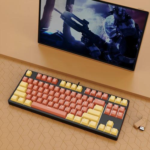 87-key hot-swappable mechanical gaming keyboard with two-tone keycaps and metal chassis