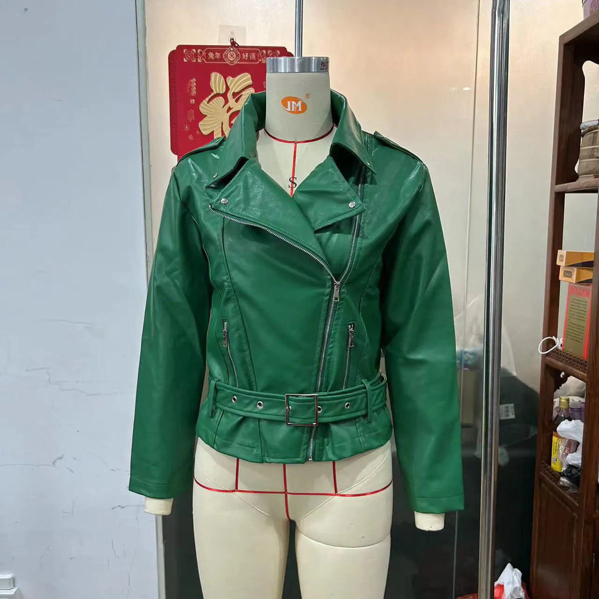 Black punk locomotive style jacket with a Peter Pan collar and an adjustable belt.