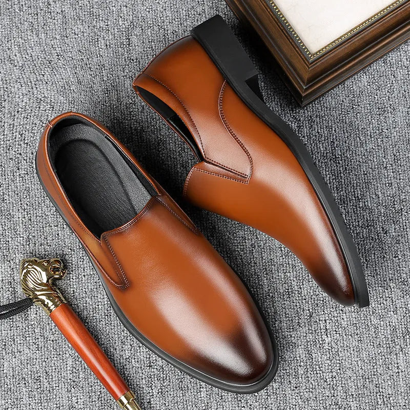 Men's black leather slip-on business casual shoes with low top and rubber sole