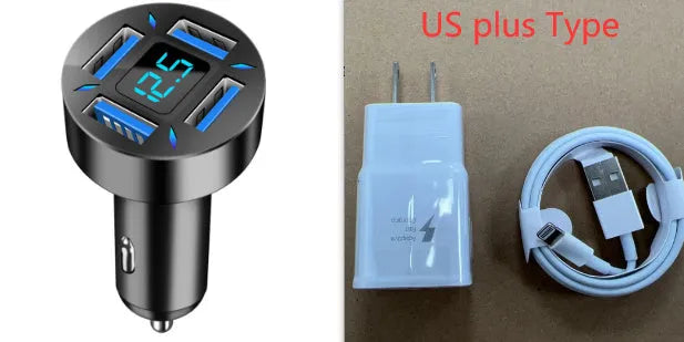 Black four-port car charger with digital display showing charging status