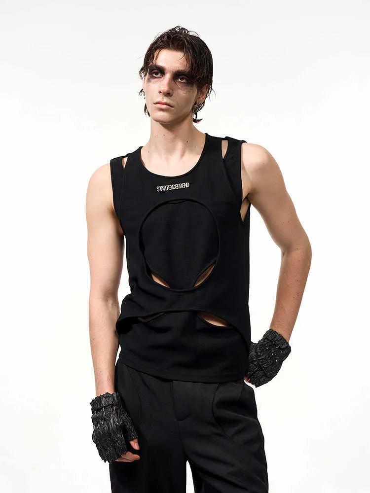 Men's loose fit sleeveless vest in black and white colours, showing round neck and pullover design