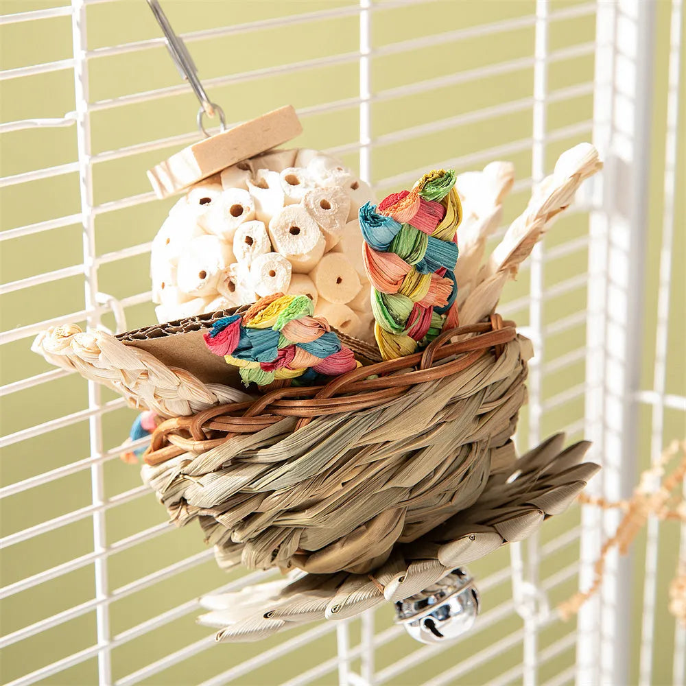 Three different parrot gnawing toys in set for chewing enrichment and beak exercise