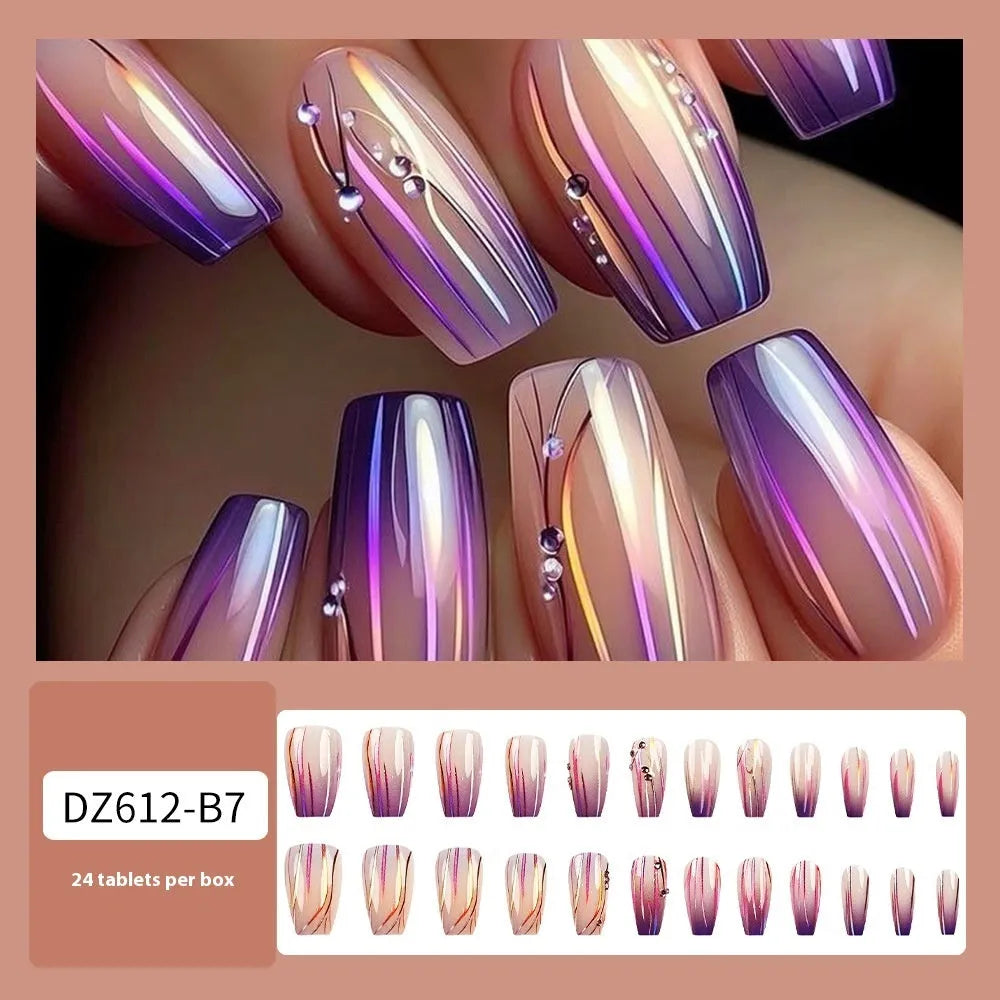 Magic purple gradient nail stickers with starry sky pattern and jelly glue for short ballet-length nails