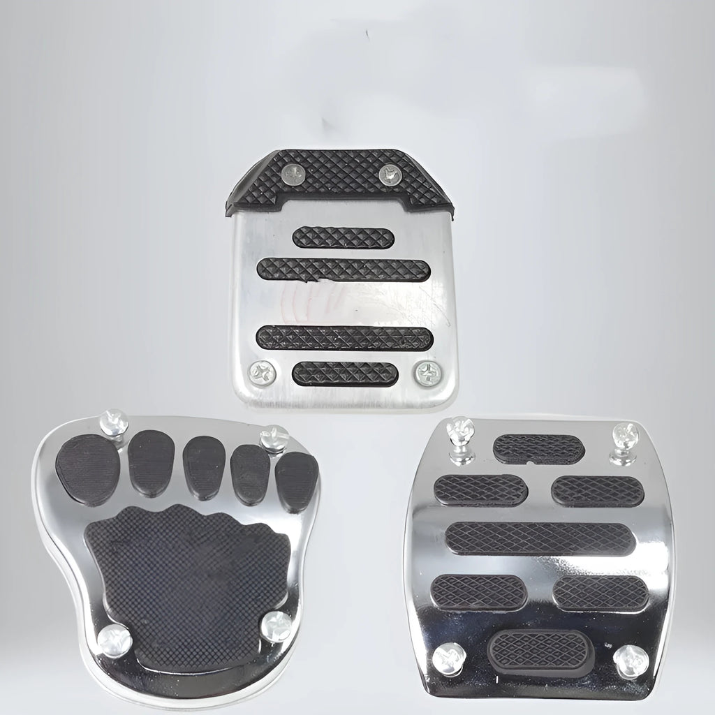 Metal motorcycle scooter brake pedal skid plate showing three model variants for universal vehicle compatibility