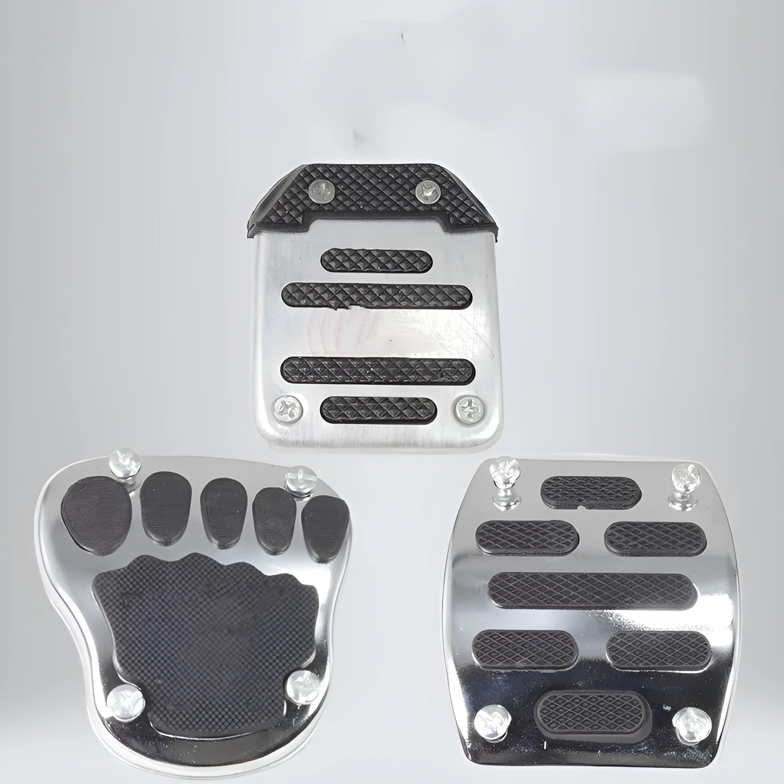 Metal motorcycle scooter brake pedal skid plate showing three model variants for universal vehicle compatibility