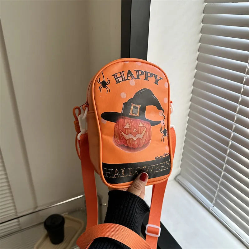 Halloween graffiti phone bag with pumpkin ghost bat cartoon print, black colour, crossbody strap.