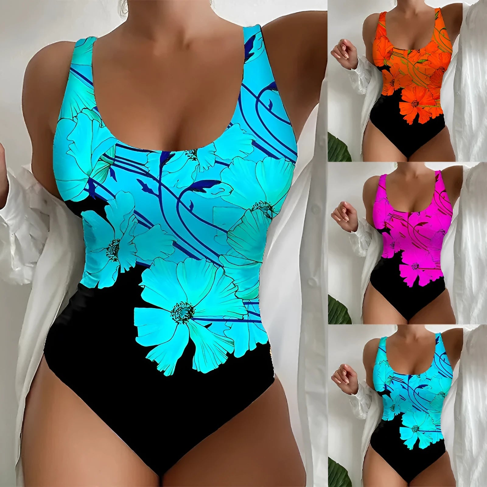 Women's 3D printed tight one-piece swimsuit in polyester-spandex blend with Lycra lining