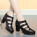 Women's closed toe sandals with chunky heel and woven ankle-strap with buckle closure