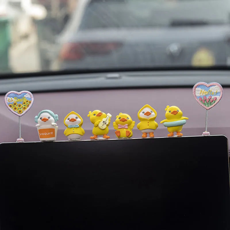 PVC car interior decoration set with six cartoon ducklings and one sign for dashboard personalisation