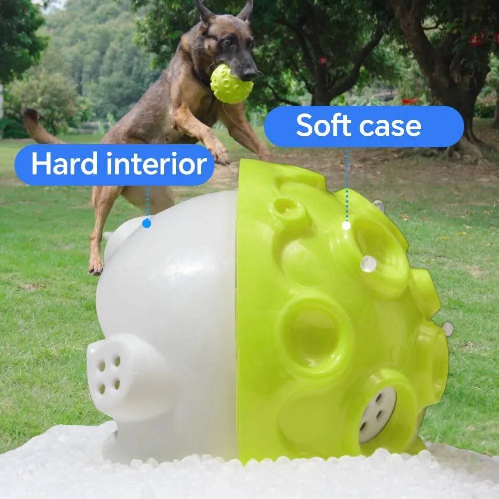 Colourful rubber dog toy ball with textured surface for aggressive chewers and anxiety relief