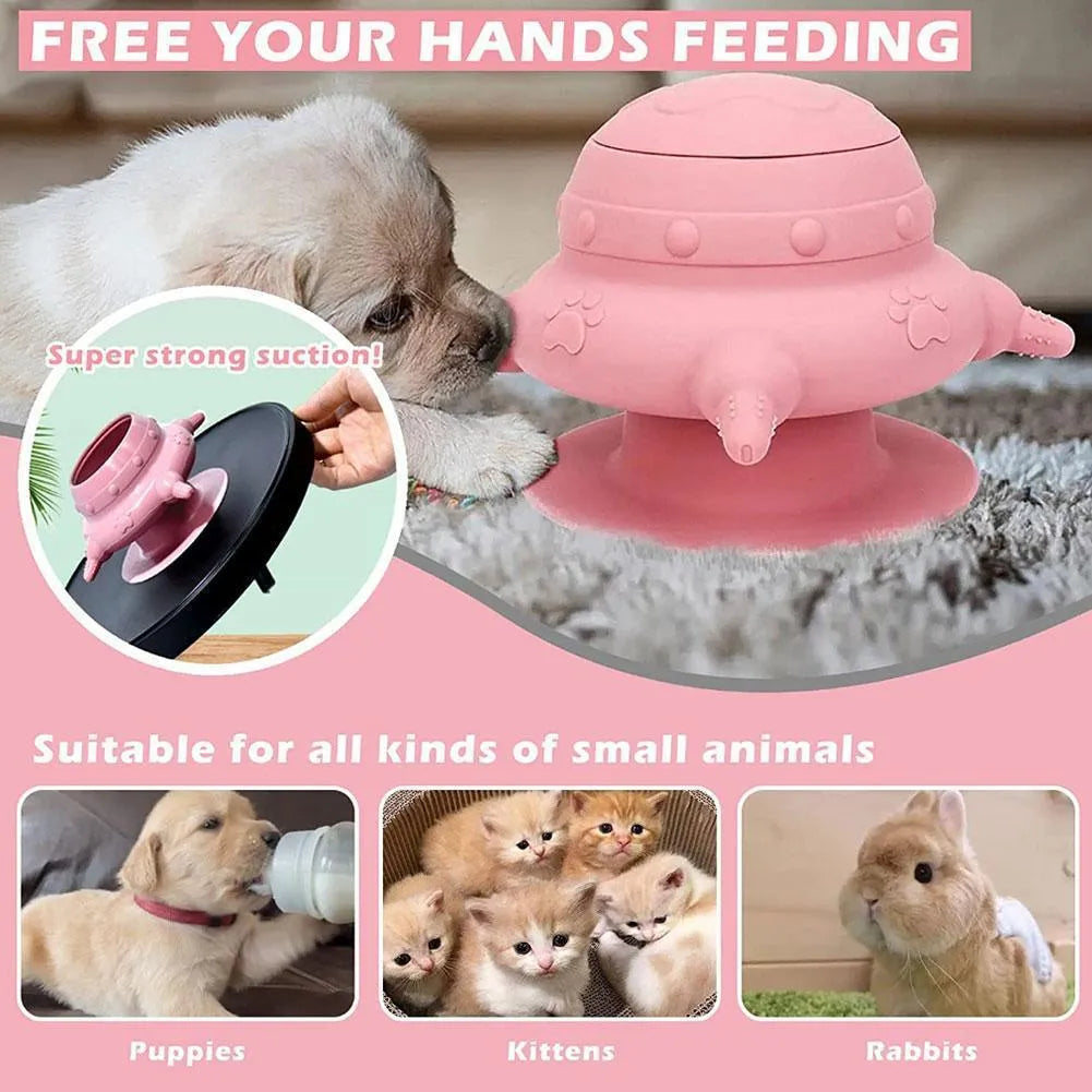 Pink silicone pet milk feeder with bionic breast design and four pacifiers for puppies and kittens