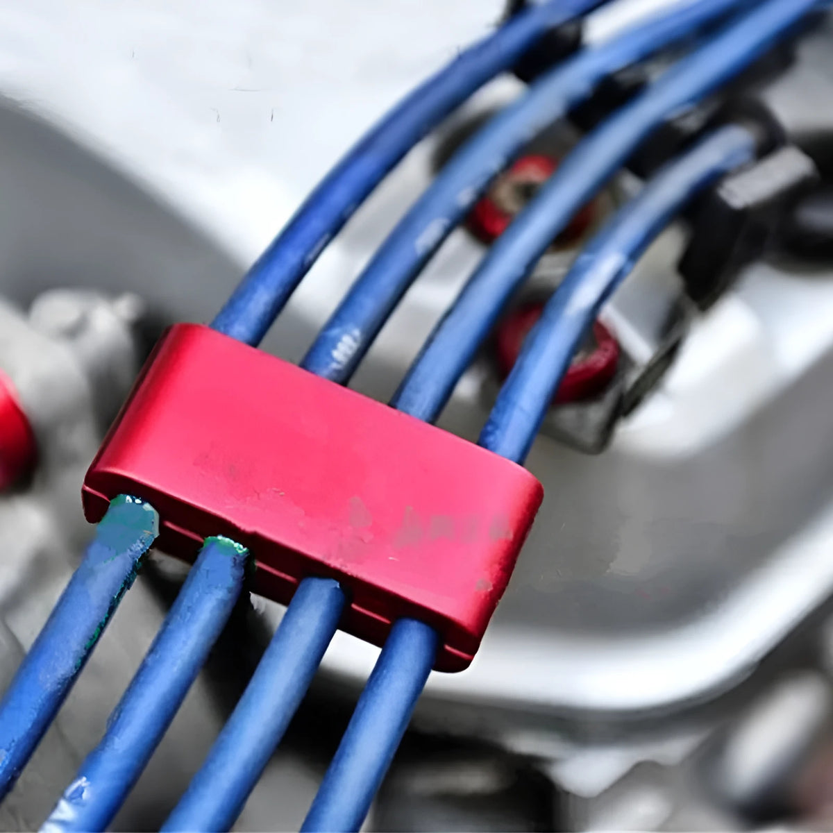 Three-piece metal car modification clamp in six colour options showing dimensions