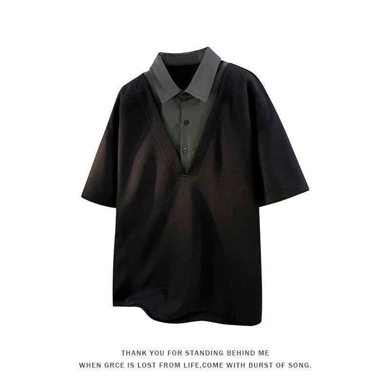 Men's black padded polo shirt sweater with a heavy collar and short sleeves, made from stretch spandex knit.