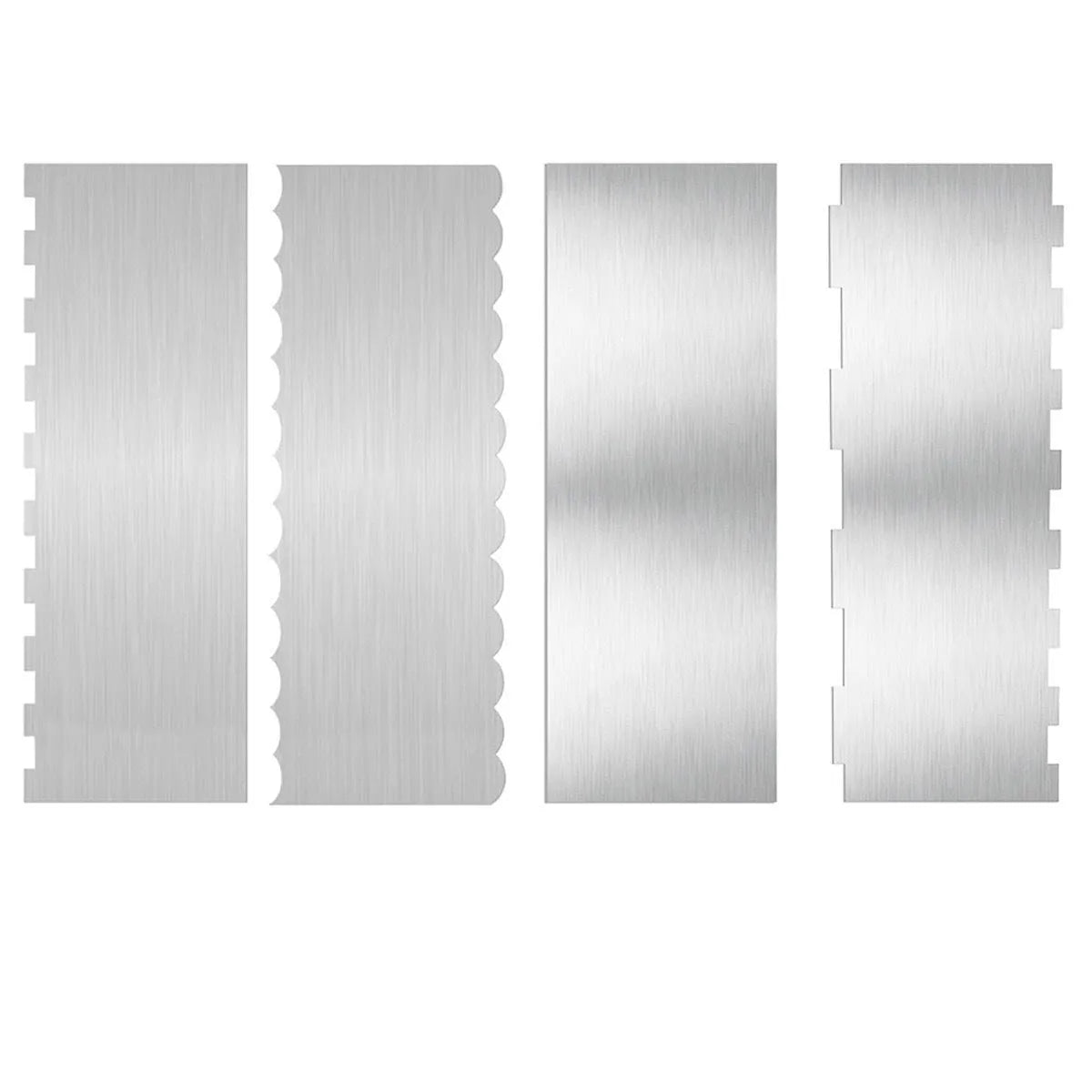 Stainless steel cream scraper showing six geometric edge patterns for cake decorating