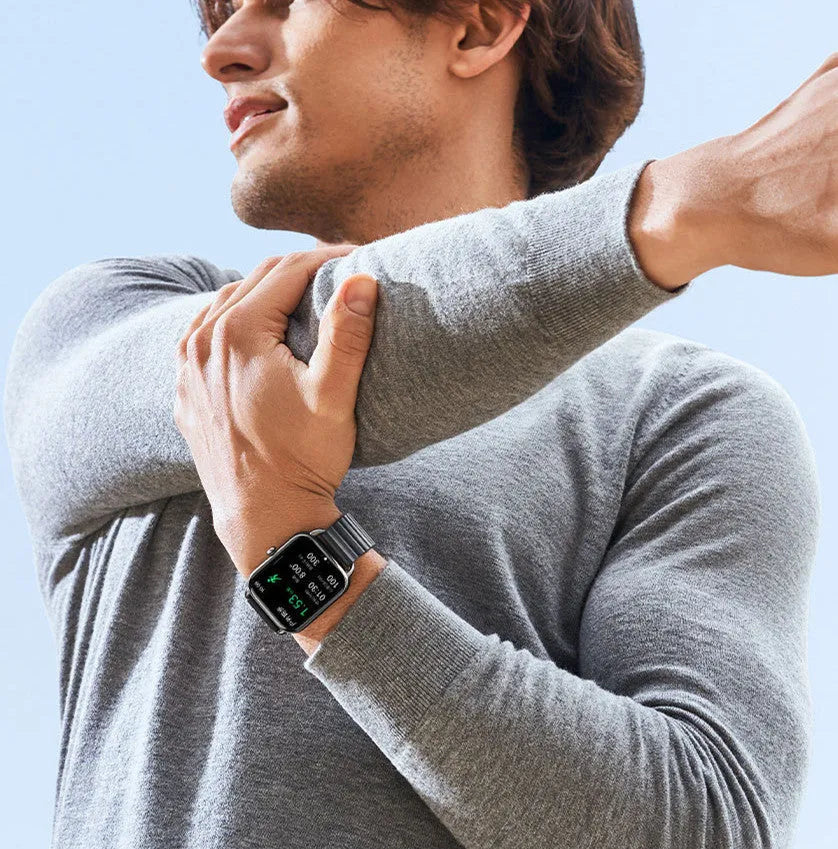 HAYLOU RS4 Plus black smartwatch showing AMOLED display with fitness stats