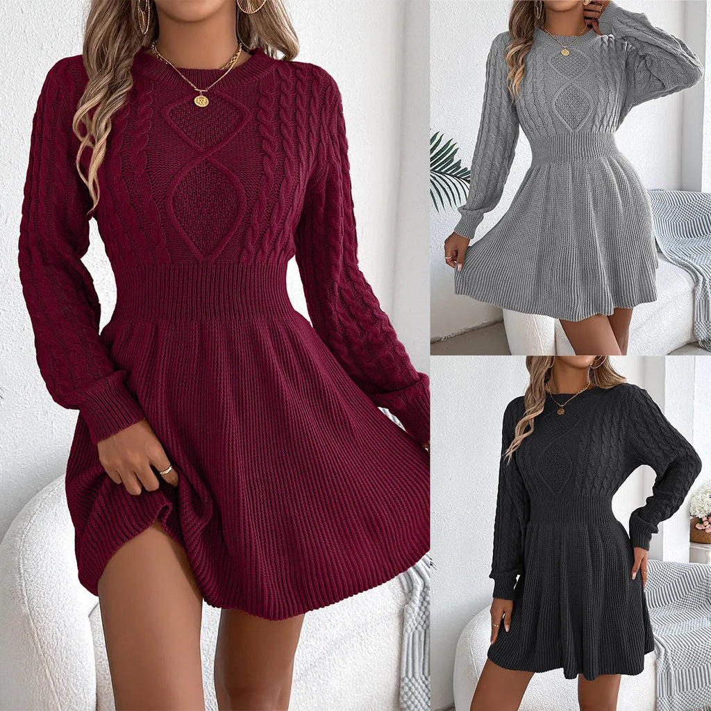 Women's solid colour sweater dress with long lantern sleeves and an elastic waist.