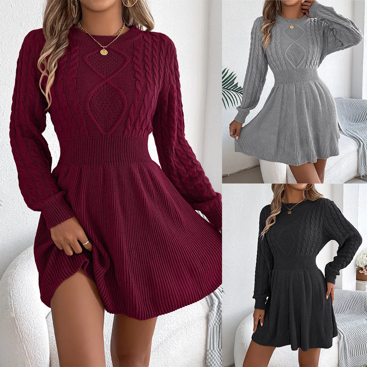 Women's solid colour sweater dress with long lantern sleeves and an elastic waist.