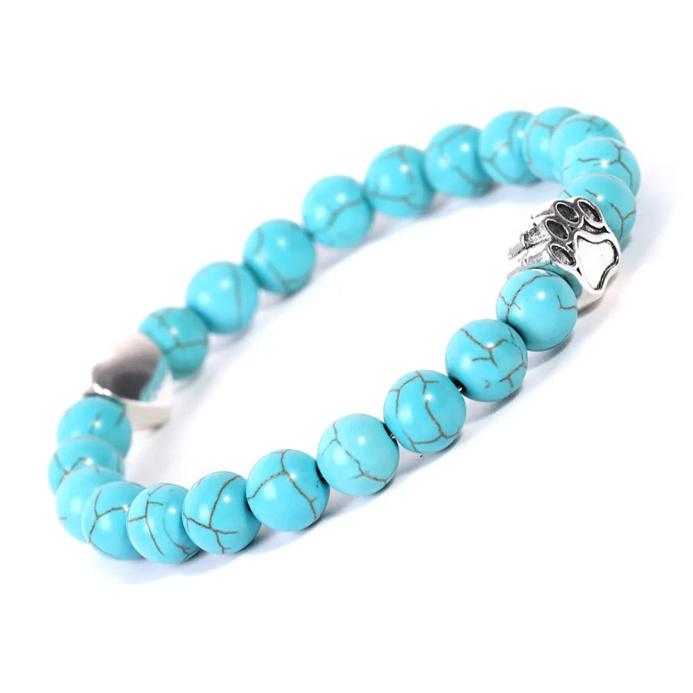 Tigereye and Indian Agate stone bracelet with a geometric dog's paw and love heart design on a round beaded band.