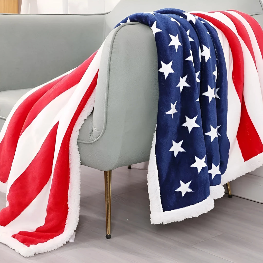 Striped polyester blanket in American style showing three size options