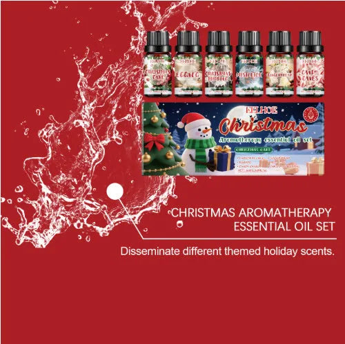Christmas aromatherapy oil set showing six 60ml bottles of festive essential oils