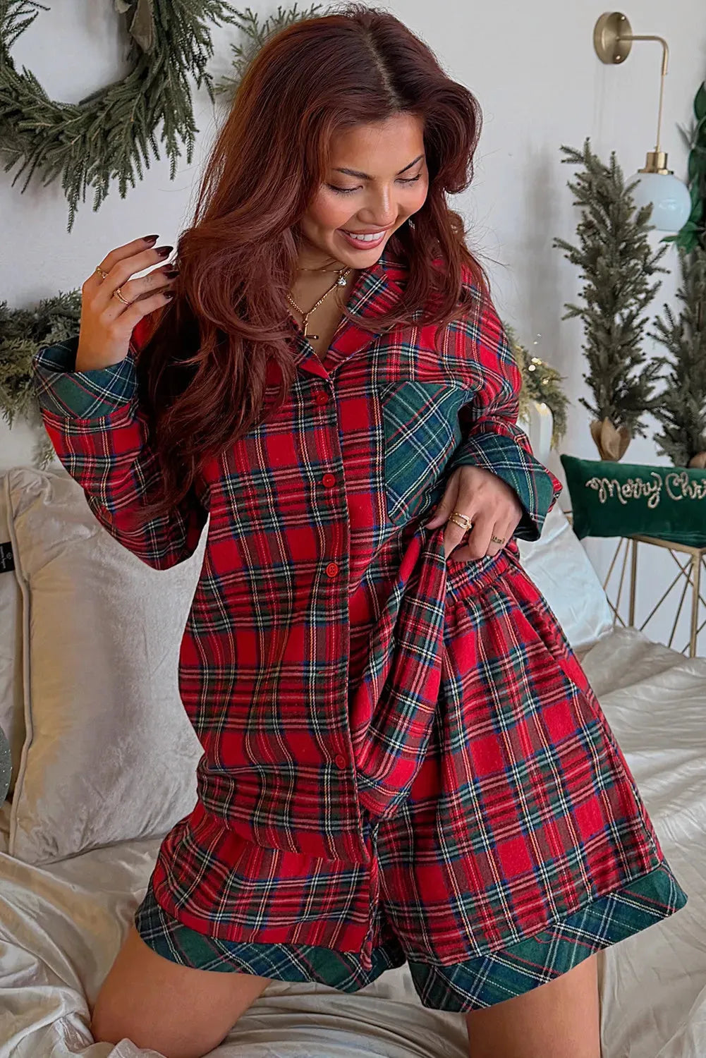 Red plaid Christmas pajama set with contrast patched shirt and matching shorts