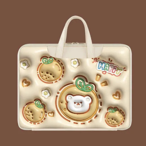 Inflatable PU leather laptop bag with carry strap, shown in a cute panda design.