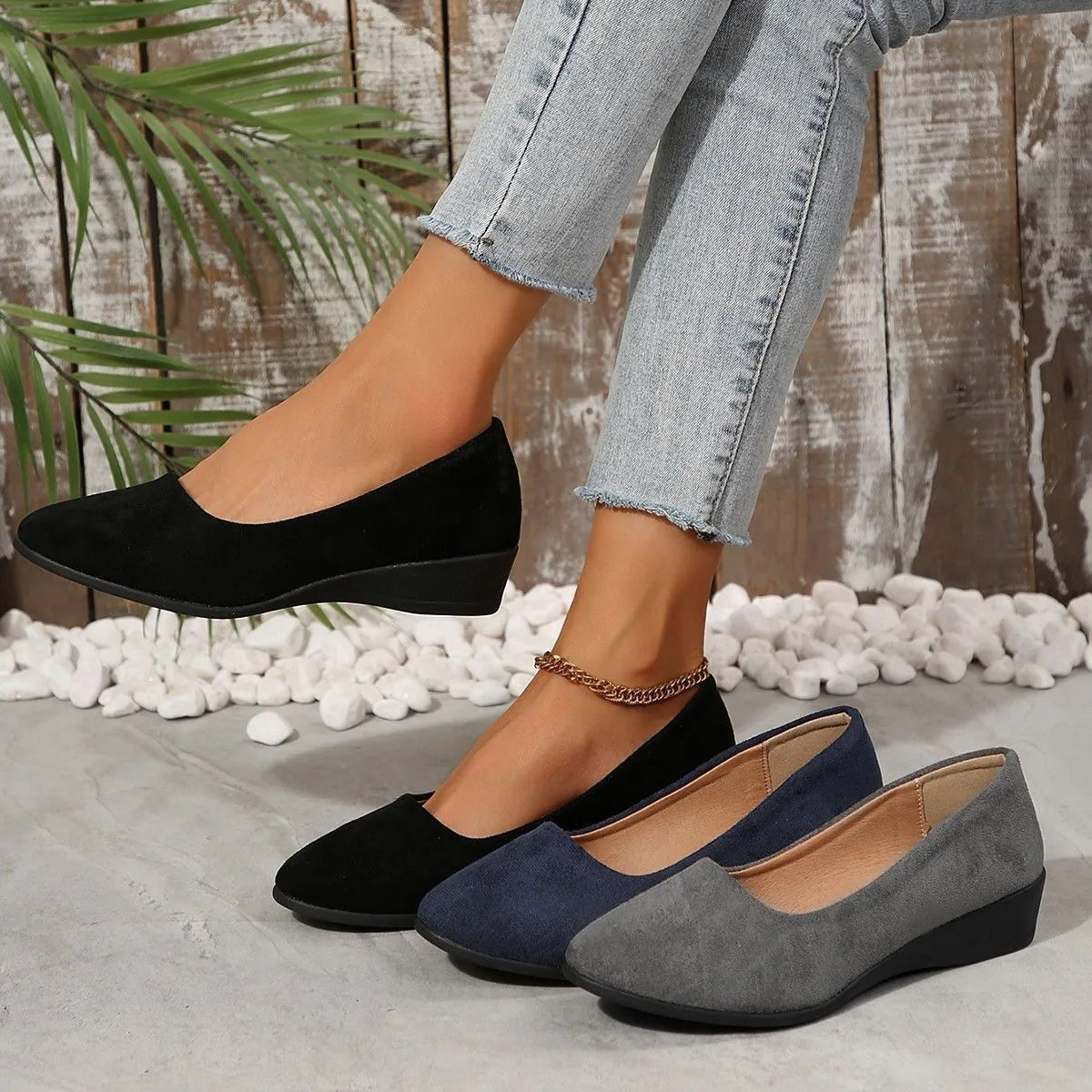 Women's pointed toe wedge pumps with shallow mouth opening and low heel in various colours