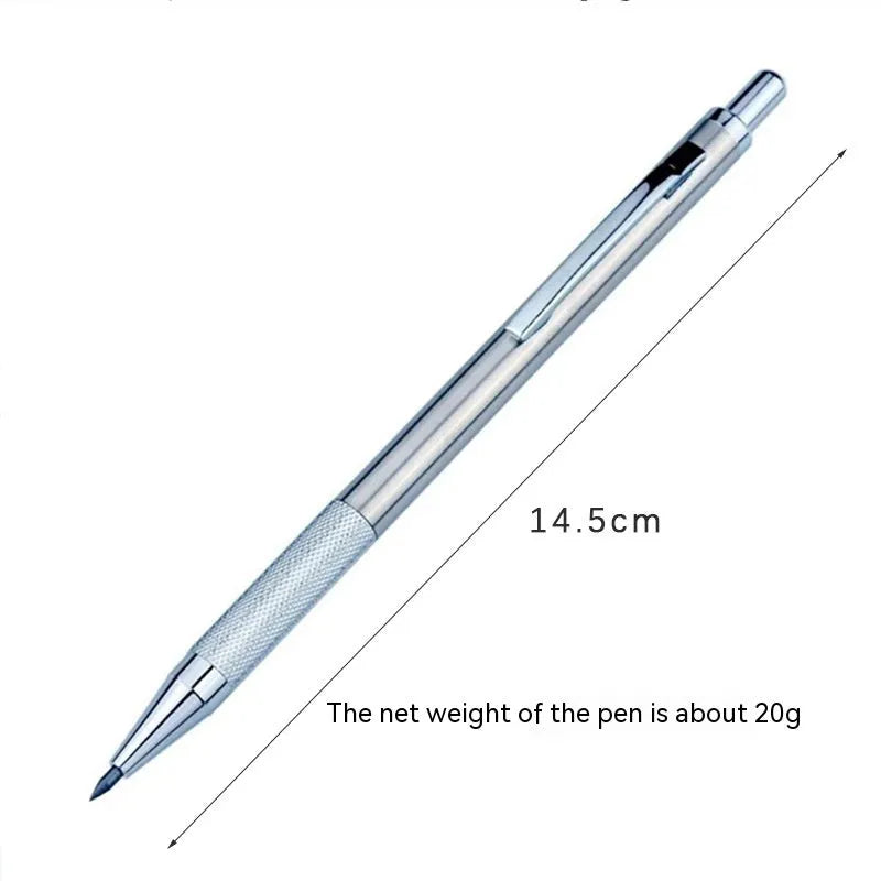 Metal automatic mechanical pencil shown with various lead size options including 0.5mm, 0.7mm, and 2.0mm.