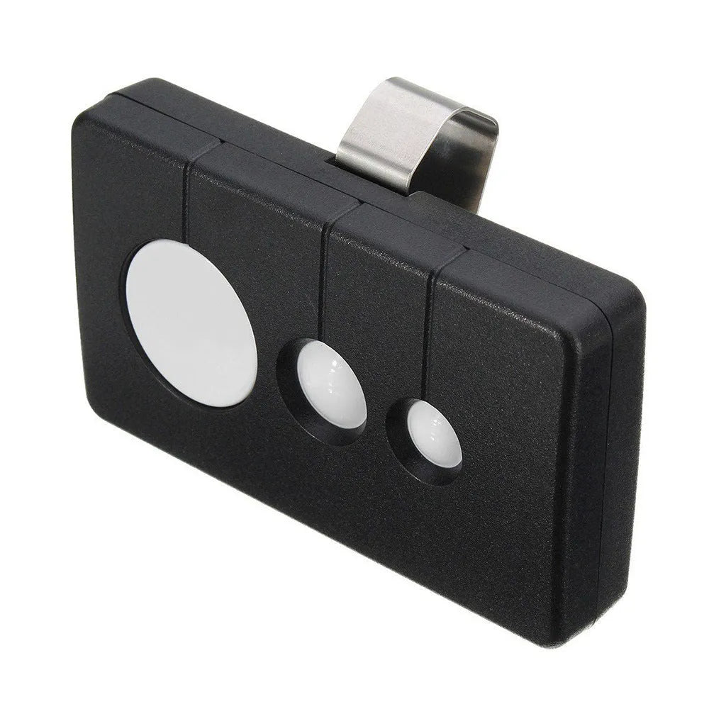 Black three-button garage door remote control showing front view with dimensions 80x47x17mm