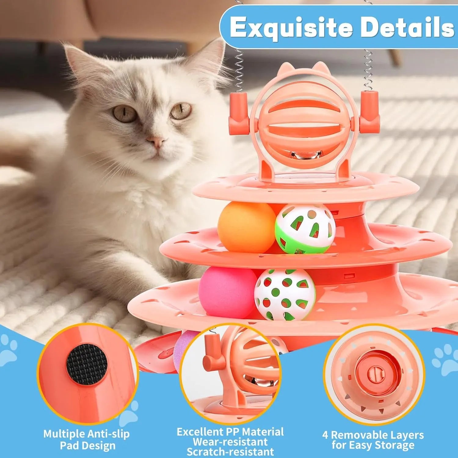 Blue 4-tier interactive cat toy with balls and teasing rods on a non-slip base.